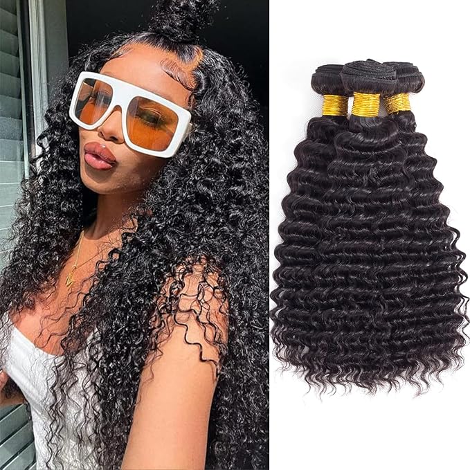 12A Brazilian Deep Wave Human Hair Bundles(18 20 22) 100% Unprocessed Virgin Remy Hair Deep Curly Human Hair Weave 3 Bundles Extensions for Black Women Natural Color