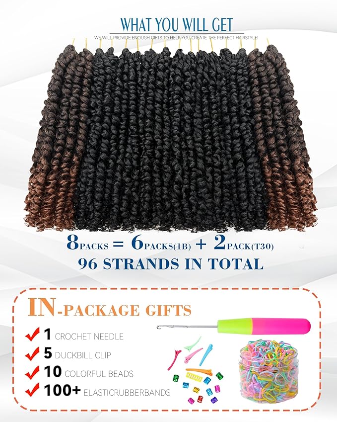 Passion Twist Crochet Hair-Mixed Color Combo Pack(6 packs 1B+2 packs T1B/30),Pre-twisted Pre Looped Synthetic Braided Hair Extensions For Black Women and Kids(10"-8 Packs,1B+T30)