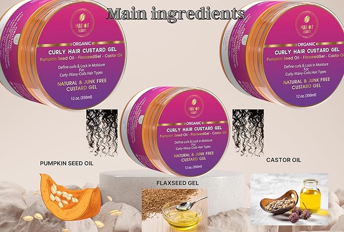 Curls Defining & Styling Custard Gel, Enhances Curls Definition & Long-Lasting Hold. With Flaxseed, Pumpkin Seed & Rosemary. Natural Hair Styling, 12 fl oz