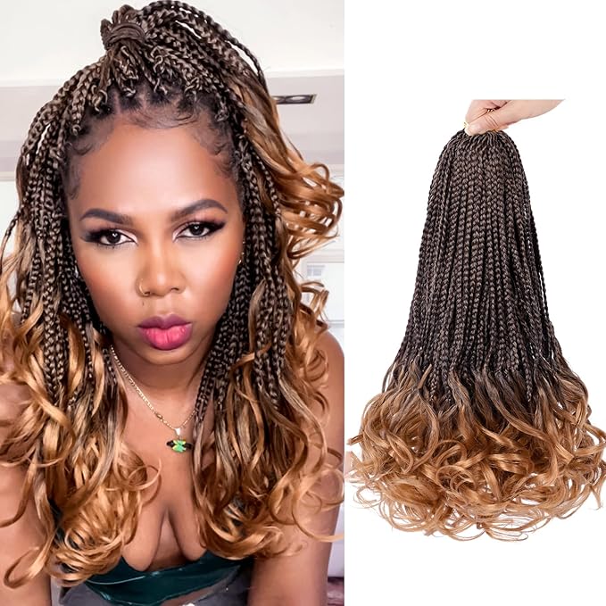 French Curl Crochet Braids 12 Inch Goddess Box Braids Crochet Hair Pre Looped Crochet Box Braid with Curly Ends Synthetic French Curly Braiding Hair Extensions 8 Packs 1B/30