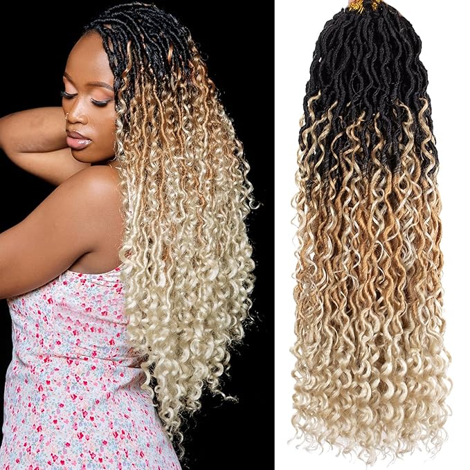 COOKOO 8 Packs 30 Inch Goddess Locs Crochet Hair for Women Ombre 3 Tone Boho Faux Locs Crochet Hair Pre Looped Bohemian Locs Crochet Hair with Curls Hippie River Locs Hair Extentions 1B/27/613#