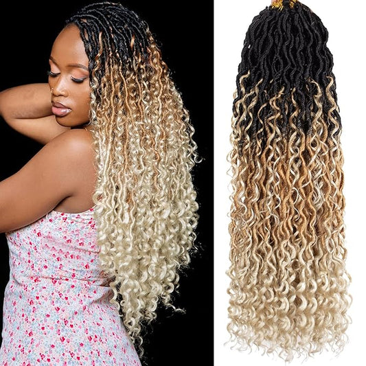 COOKOO 8 Packs 30 Inch Goddess Locs Crochet Hair for Women Ombre 3 Tone Boho Faux Locs Crochet Hair Pre Looped Bohemian Locs Crochet Hair with Curls Hippie River Locs Hair Extentions 1B/27/613#