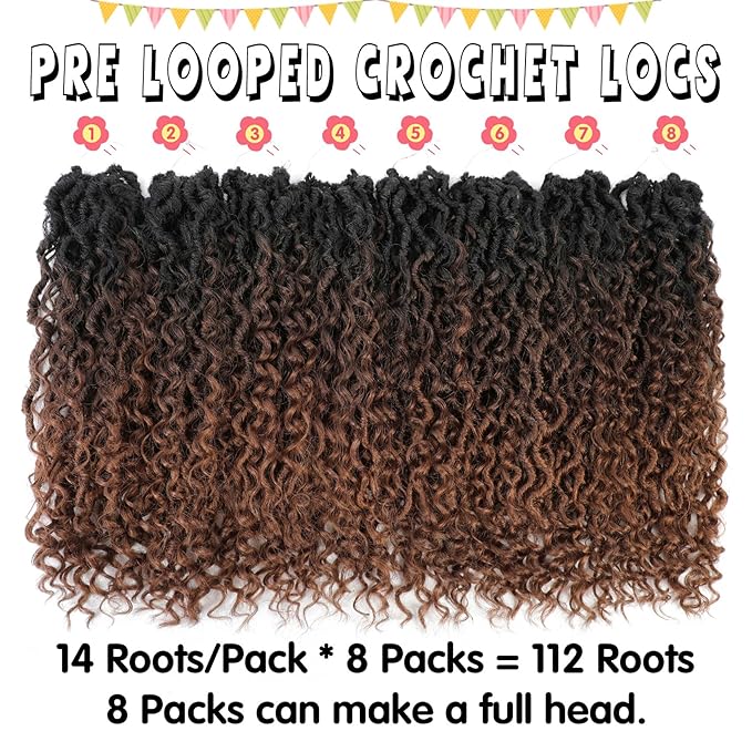 Fulcrum Goddess Locs Crochet Hair 16 Inch, 8 Packs New Faux Locs Crochet Hair for Black Women, Crochet locs with Curly Ends (16Inch (Pack of 8), 1B/4/30#)