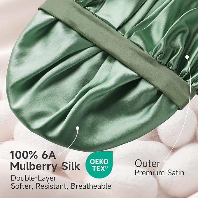 22 Momme 100% Real Mulberry Silk Bonnet for Sleeping Women, Large Hair Care Bonnet for Long Curly Hair, Double Layer Silk Wrap with Soft Elastic Band, Non-Slip Sleep Cap, Green