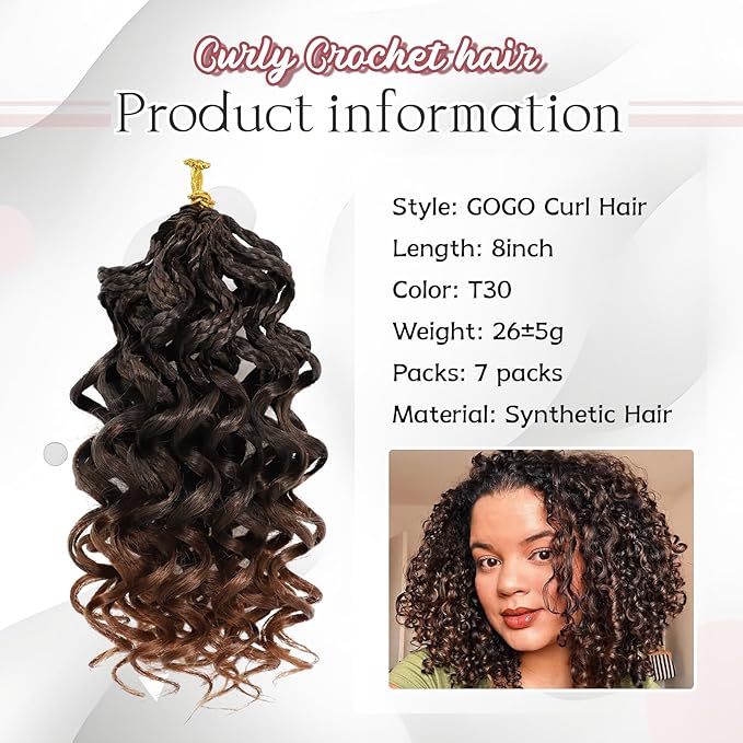 7 Packs Gogo Curl Crochet Hair for Women 8 Inch Pre-Twisted Curly Crochet Hair Pre Looped Deep Ocean Water Wave Beach Curl Crochet Braids Synthetic Braiding Hair Extensions (8 Inch, 1B/30)