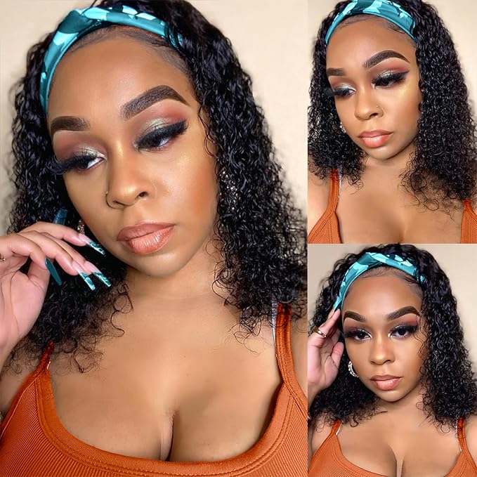 Headband Wig Curly Human Hair 14 Inch Headband Wigs Glueless Deep Wave None Lace Front Wigs for Black Women Water Wave Headband Wigs 150% Density Natural Color