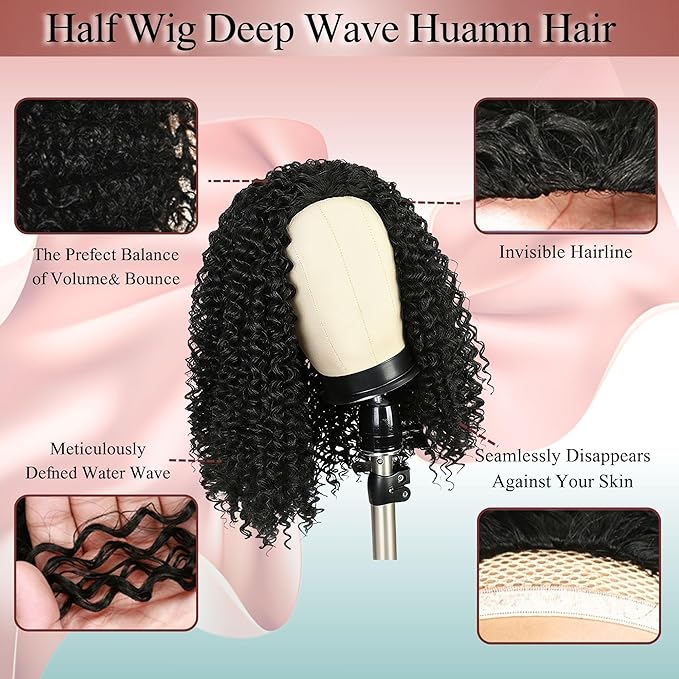 Deep Wave Half Wig Human Hair 24inch Wear and Go Glueless Curly Wig 200% Density 3 In 1 Seamless Flip Over Drawstring No Headband Wig for Black Women Beginner Friendly Natural Color