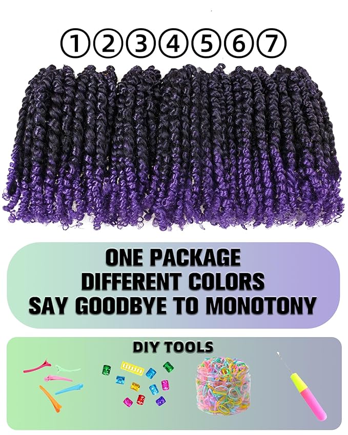 Super Short Passion Twist Crochet Hair for Black Women and Kids-6 Inch 7 Packs Ombre Purple Pre Looped Pre-twisted Passion Twist Hair,Bob Spring Kinky Twist Bohemian Curl(6"-7P,Tpurple)