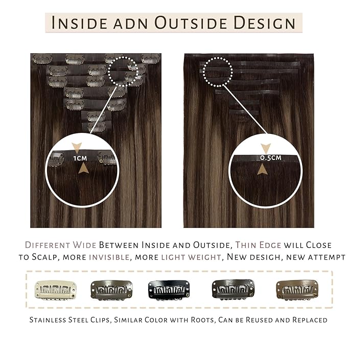 Caliee Seamless Hair Extensions Human Hair 20Inch Technology Invisi-PU Weft Clip in Hair Extensions R2-2-6 Chestnut Brown Mixed Dark Brown Thick Soft Silky Straight Hair Extensions for Women 110G 7Pcs