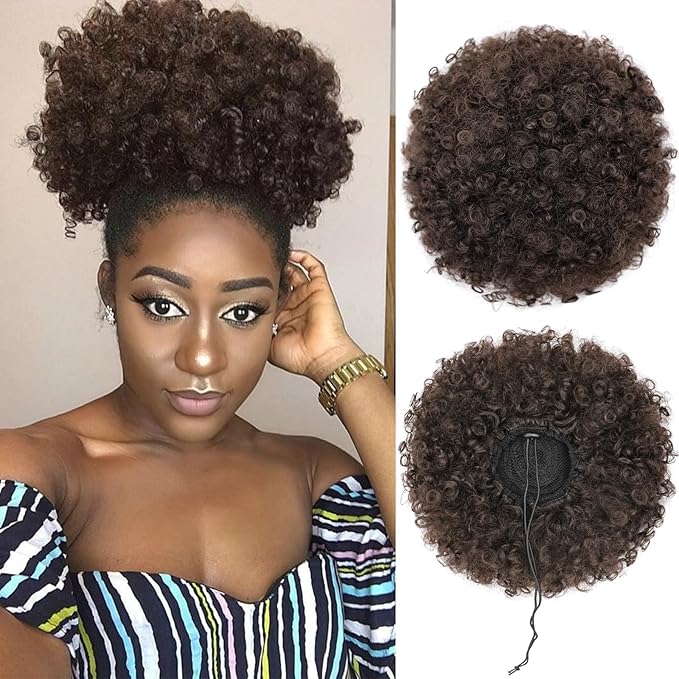 AISI QUEENS Afro Puff Drawstring Ponytail Synthetic Short Afro Kinkys Curly Afro Bun Extension Medium Brown Hairpieces for Women Girls (4#)