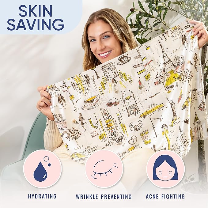 Blissy Silk Pillowcase - 100% Pure Mulberry Silk - 22 Momme 6A High-Grade Fibers - Silk Pillow Cover for Hair & Skin - Regular, Queen & King (Nicole Miller - NY to Paris, King)