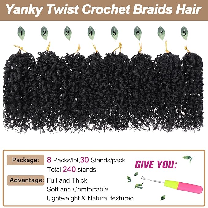COOKOO 6 Inch 8 packs Pre-looped Yanky Twist Crochet Hair for Women Natural Black Pre Twisted Mini Passion Twists Crochet Hair Kinky Curly Crochet Twist Synthetic Hair Extensions 1B#
