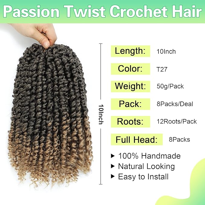 Passion Twist Crochet Hair 10Inch Passion Twist Hair 8 Packs Pre-Twisted Short Passion Twist Crochet Hair for Black Women Soft Passion Twist Curly Crochet Hair…