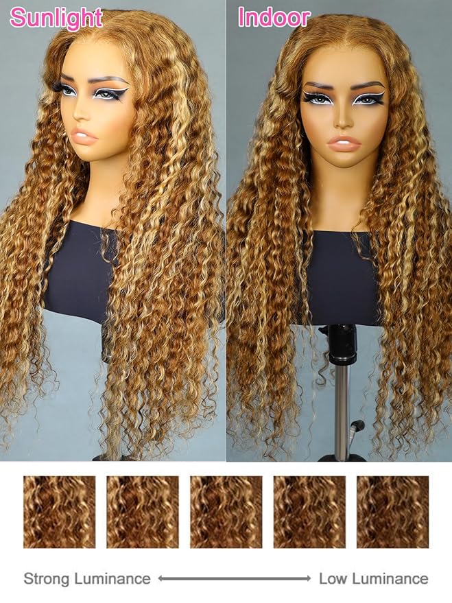 BGM GIRL Highlight Glueless Wig Human Hair 7x5 HD Lace Water Wave Wig 4/27 Color 180% Density Pre Plucked Invisible Knots Pre Cut Lace Wear Go Deep Wave Wigs for Women Beginner Friendly 24 Inch