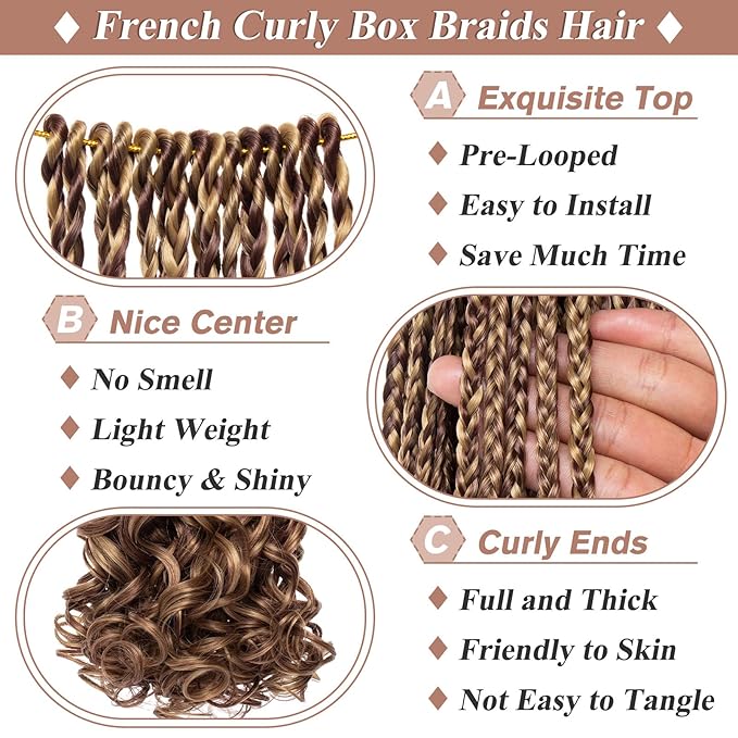 18 Inch French Curl Crochet Braids 9 Packs Goddess Box Braids with Bouncy Wavy Ends Honey Blonde Mix Brown Pre Looped Crochet Hair Synthetic French Curly Braiding Hair for Women