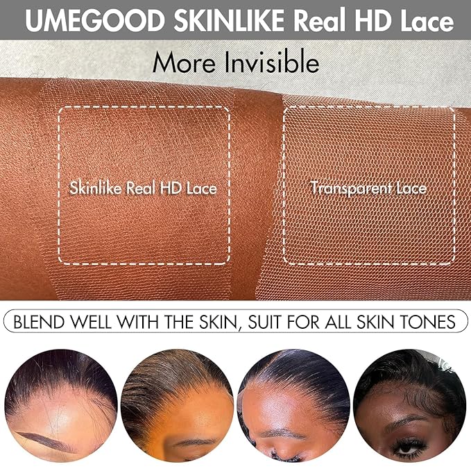 UMEGOOD 13x6 Full Frontal SKINLIKE Real HD Lace Wig Pre-Plucked, 0.10mm Ultra-thin HD Lace Vivid Clean Hairline Bleached Small Knots 250% Density Body Wave Full Cuticle Aligned Virgin Hair 28 Inch