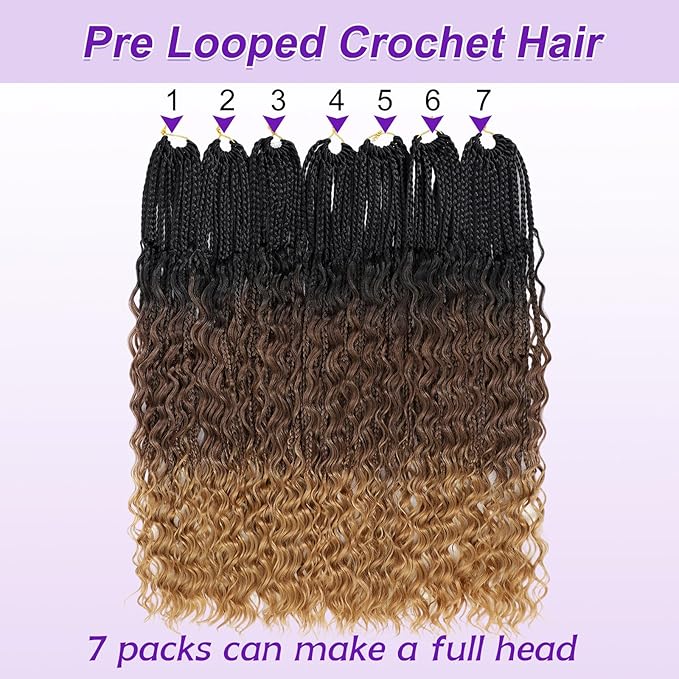 Eacia Goddess Box Braids Crochet Hair 24 Inch 7 Packs Pre Looped Ombre Crochet Hair with Curly Ends Boho Box Braids for Women(24 Inch, T1B/30/27#)
