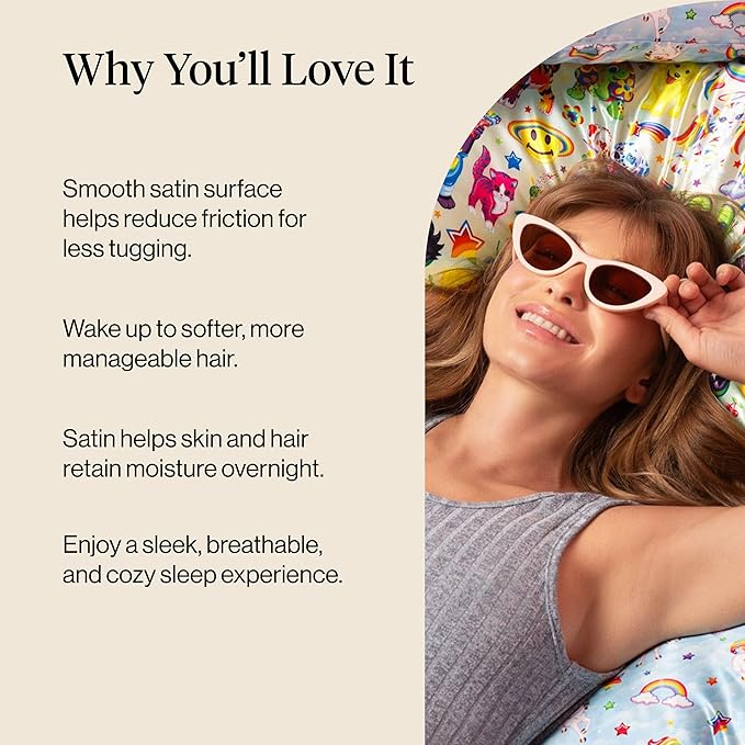 Kitsch x Lisa Frank Satin Pillowcase with Zipper for Hair & Skin, Softer Than Silk Pillow Cases, Wrinkle-Free, Smooth and Cooling Satin Pillow Covers King Size 19x36- The Fantastic World of Lisa Frank