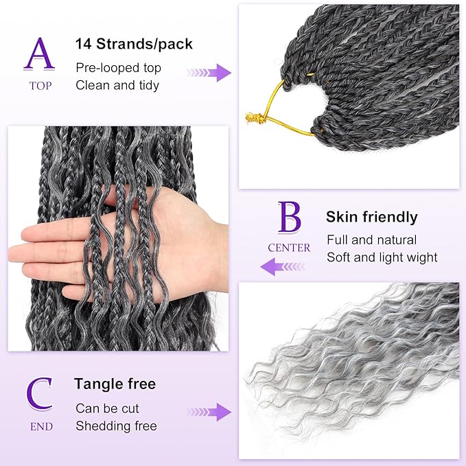 Eacia Goddess Box Braids Crochet Hair 24 Inch 7 Packs Ombre Gray Pre Looped Boho Box Braids Crochet Hair with Curly Ends(24 Inch, T1B/Gray#)
