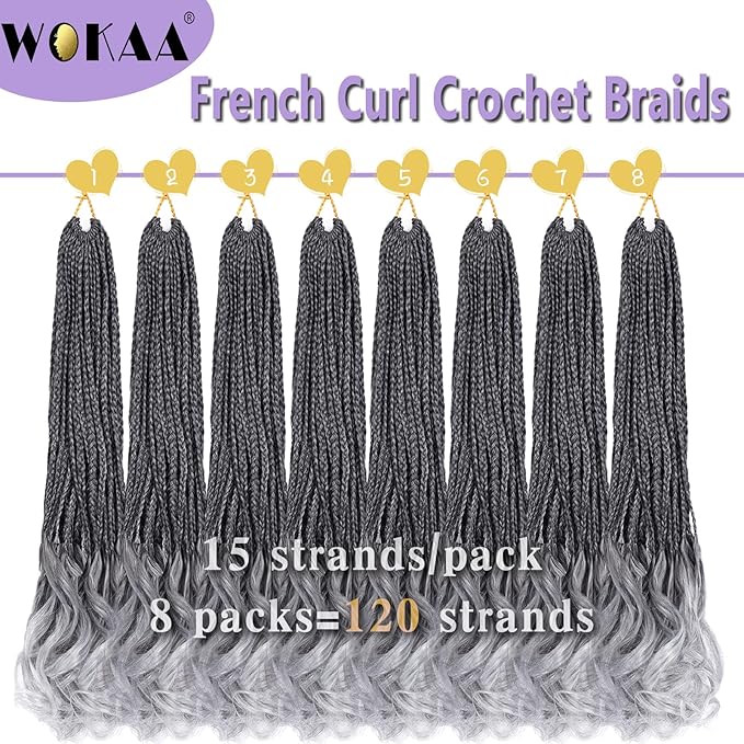 French Curl Crochet Braids 24 Inch 8 Packs Ombre Grey Goddess Box Braids Crotchet for Women Hair Pre Looped Crochet Box Braid with Curly Ends Synthetic French Curly Braiding Hair Extensions (1B/Gray)