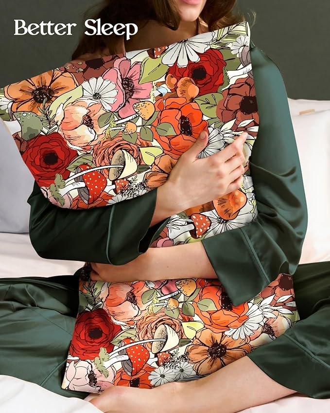 Silk Pillowcase 2 Pack - Cute Pillow Cases 20" x 26" Standard Size Set of 2 for Hair and Skin Smooth Soft Breathable with Hidden Zipper Cooling Pillow Covers for Sleeping, Mushroom Bushes