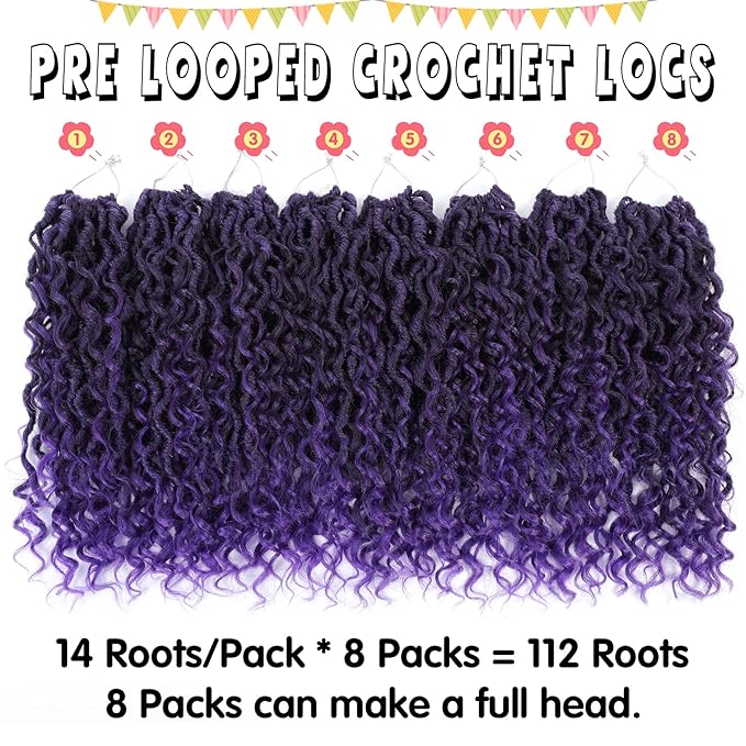 Fulcrum Goddess Locs Crochet Hair 12 Inch, 8 Packs New Faux Locs Crochet Hair for Black Women, Crochet locs with Curly Ends (12Inch (Pack of 8), 1B/Purple#)