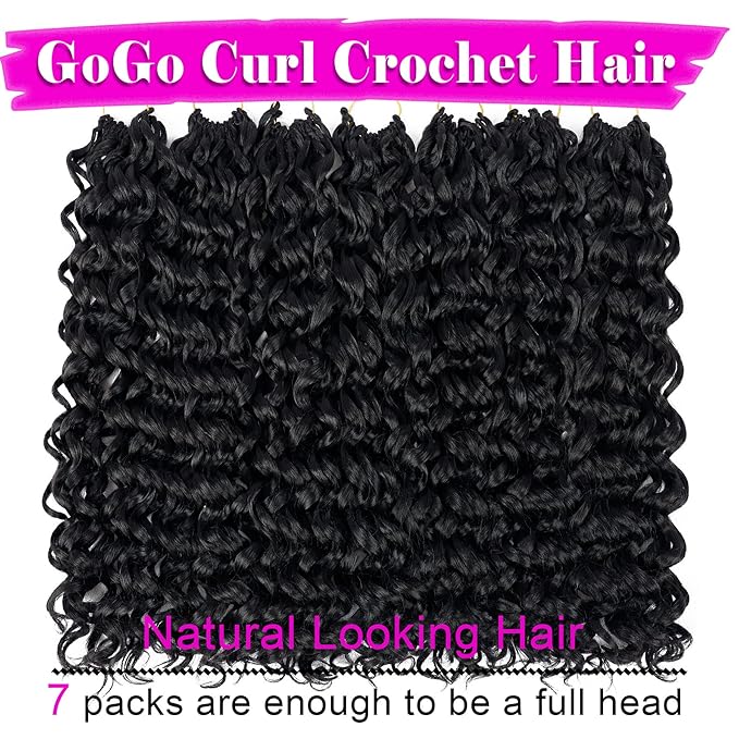 7 Packs GoGo Curl Crochet Hair 18 Inch Long Curly Crochet Hair for Women Beach Curl Water Wave Deep Twist Crochet Braids Synthetic Braiding Hair Extensions (18 Inch, 1B)