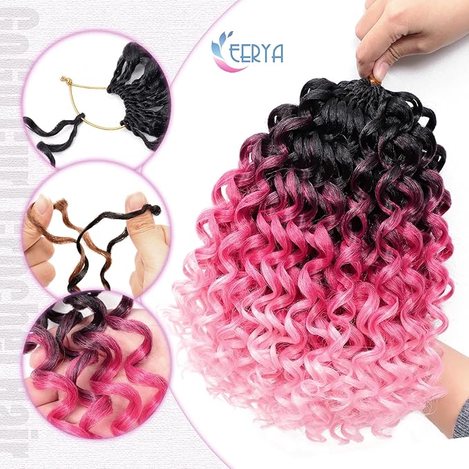 7 Packs GoGo Curl Crochet Hair 10 Inch Short Curly Crochet Hair for Women Deep Wave Beach Curl Crochet Braids Synthetic Braiding Hair Extensions(10 Inch, #T1B/Rose/Pink)