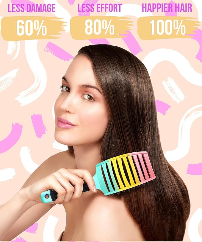 KTKUDY Detangling Brush Boar Bristles Hairbrush Make Hair Shiny & Healthier Curved and Vented Detangler Brush for Women Men Kids Wet & Dry Hair (Rainbow)