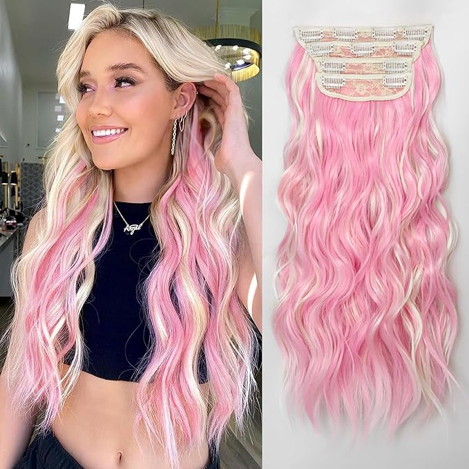 ALXNAN Clip in Long Wavy Synthetic Hair Extension 24 Inch Blonde Pink 4PCS Thick Hairpieces Fiber Double Weft Hair for Women