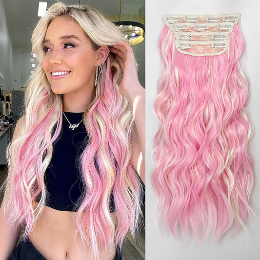 ALXNAN Clip in Long Wavy Synthetic Hair Extension 24 Inch Blonde Pink 4PCS Thick Hairpieces Fiber Double Weft Hair for Women