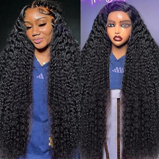 Deep Wave Lace Front Wigs Human Hair 13x6 HD Transparent Lace Front Wigs 200% Density Deep Curly Human Hair Wig Pre Plucked Lace Frontal Wigs Natural Color 34 Inch