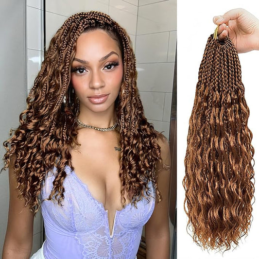 Eacia Goddess Box Braids Crochet Hair 18 Inch 7 Packs Pre Looped Boho Box Braids With Curly Ends Bohomian Curly Crochet Hair Extensions for Women(18 Inch, 30#)