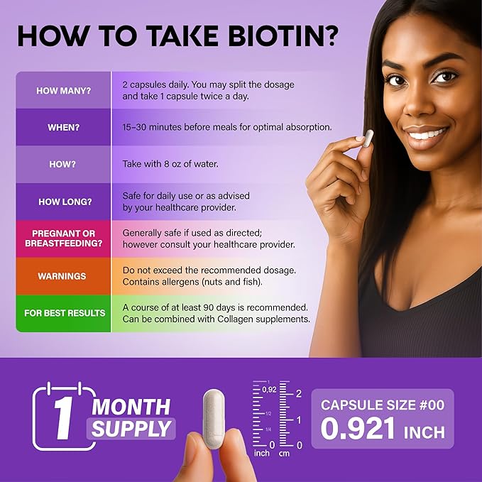 Biotin | Collagen | Hyaluronic Acid | Keratin - Clinically Tested Supplement** - Hair Growth Support, Skin & Nails - 25000mcg Vitamins B1, B2, B3, B6 & B7 - for Women & Men - Made in USA | 60 Capsules