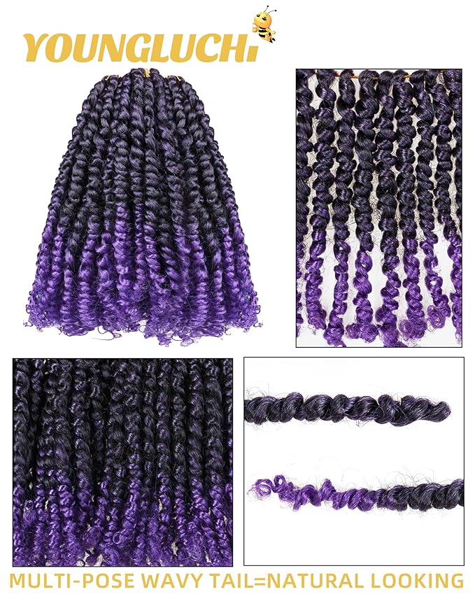 Passion Twist Crochet Hair for Black Women and Kids-10 Inch 7 Packs Pre Looped Pretwisted Ombre Purple Crochet Hair,Soft Hair Extensions Braided by Spring Kinky Twist Bohemian Curl(T1B/Purple)