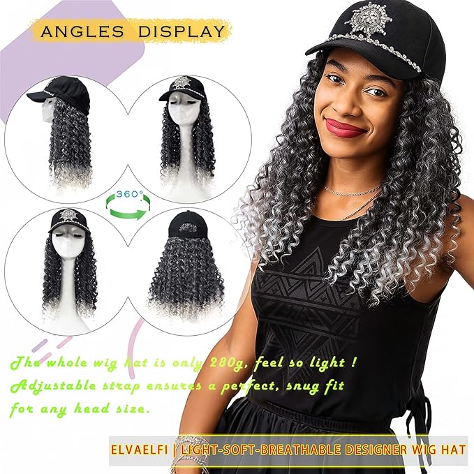 Hat with Gogo Curl Crochet Hair, 16-Inch Synthetic Long Grey Wig for Women, Ombre Gray Baseball Cap Wig