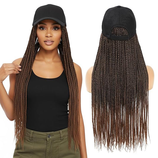 Hat Wig for Women Baseball Cap with Braided Hair Attached Synthetic Box Braid Wig Hat Adjustable Cap with ombre dark brown Braids for Daily Outdoor Halloween Use