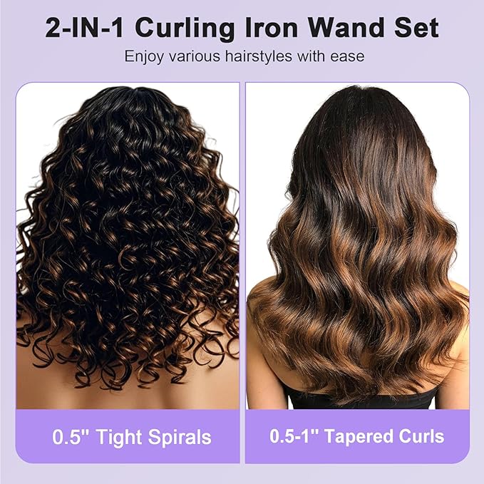 2-in-1 Curling Wand Set, 1/2 Inch Curling Iron with Interchangeable 0.5–1 Inch Ceramic Tapered Curling Wand, Fast-Heating Hair Curler with Adjust Temp, Dual Voltage Wand Curling Iron, Gift for Women