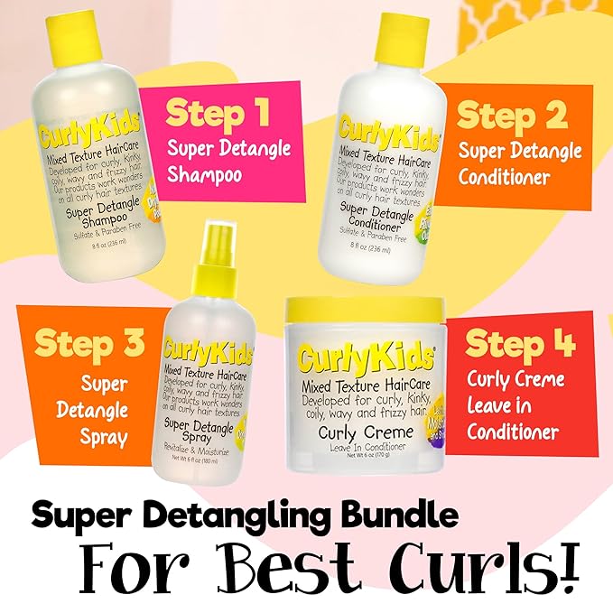 CurlyKids Textured Hair Care Set with Hair Detangler Spray, Kids Shampoo, Conditioner & Creme for Curly, Frizzy, & Wavy Hair | Sulfate & Paraben-Free Formula to Detangle, Hydrate, and Revitalize Curls
