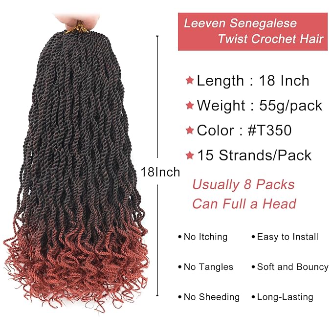 Leeven 18 Inch Senegalese Twist Crochet Hair with Curly Ends 8 Packs Ombre Copper Red Pre Looped Wavy Crochet Braids for Kids Women Ginger Pre Twisted Small Hanava Twist Synthetic Braiding Hair