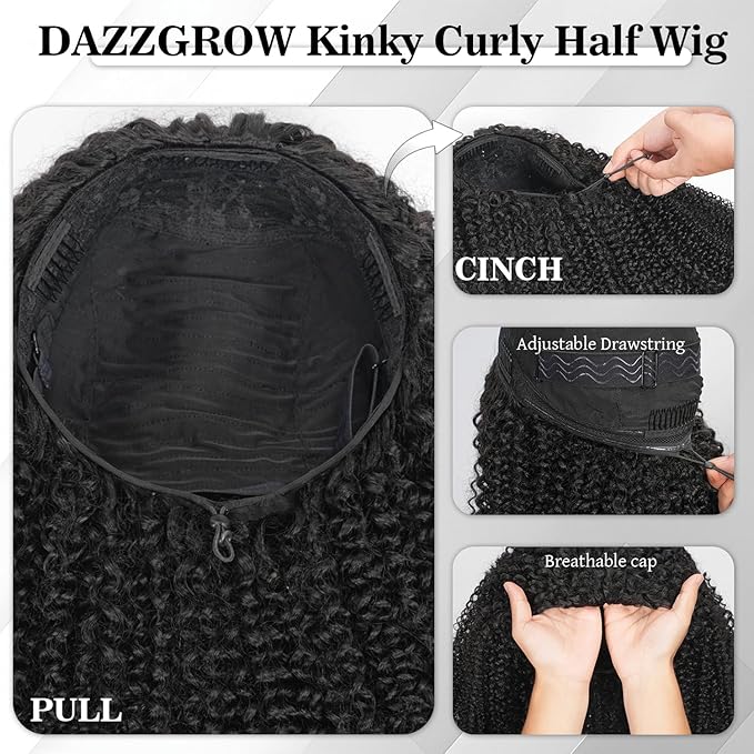22 Inch Half Wig Human Hair 250% Density Kinky-Curly Glueless Wigs Human Hair Intall Flexible 3 In 1 Half Wig Adjustable String Flip Over Seamless Invisilbe Hairline Beginner Friendly