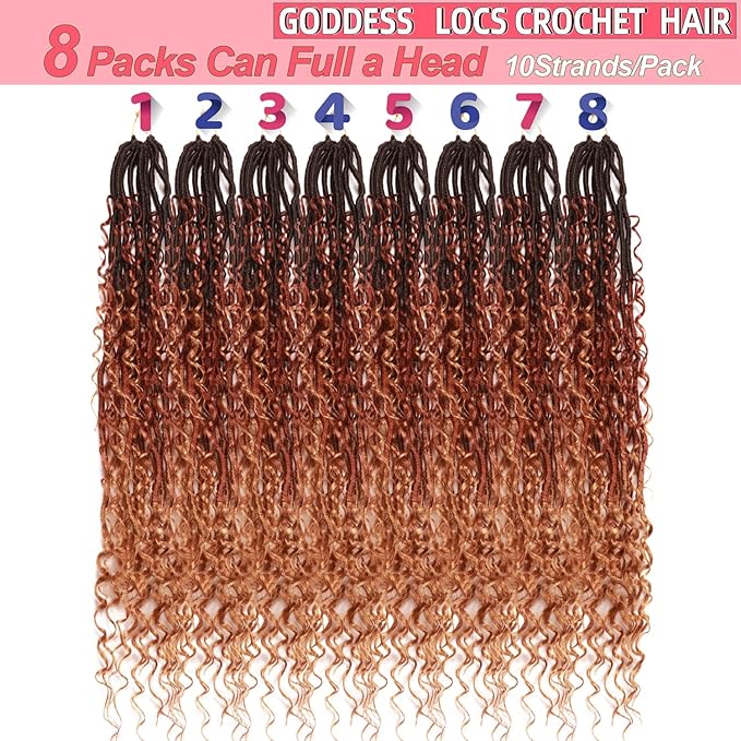Goddess Locs Crochet Hair-30 Inch 8 Packs Boho Faux Locs Crochet Hair for Black Women Pre Looped Soft Locs with Curly Ends (1B/30/27, 30 Inch(Pack of 8))