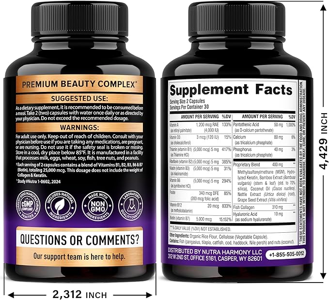 Biotin | Collagen | Hyaluronic Acid | Keratin - Clinically Tested Supplement** - Hair Growth Support, Skin & Nails - 25000mcg Vitamins B1, B2, B3, B6 & B7 - for Women & Men - Made in USA | 60 Capsules