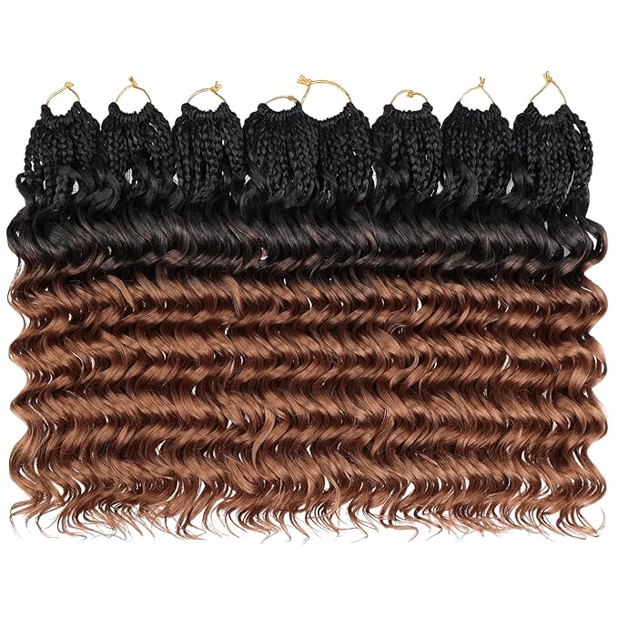 Leeven 14 Inch 8 Packs Curly Crochet Hair Pre Looped Boho Ocean Wave Crochet Hair Black to Brown 2 Tone Short Ocean Braids Pre Twisted Synthetic Deep Wavy Crochet Hair for Women
