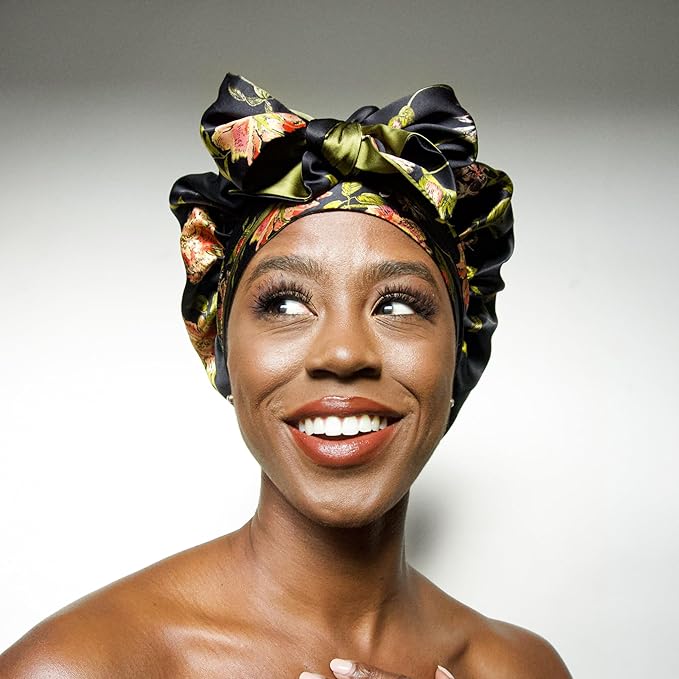 Wild Rose 100% Pure Silk Hair Bonnet Luxurious Reversible Wonder Loop Mulberry Silk for Curly Hair - Ultimate Sleeping Companion with Ties for Women - Handmade in USA