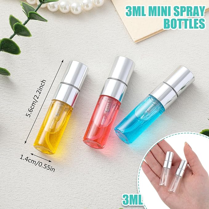 Zhehao 50 Pcs Mini Spray Bottles 3 ml Clear Glass Perfume Bottles Refillable Fine Mist Perfume Atomizer Portable Empty Sample Containers for Cleaning, Essential Oils, Travel (Silver Cap)