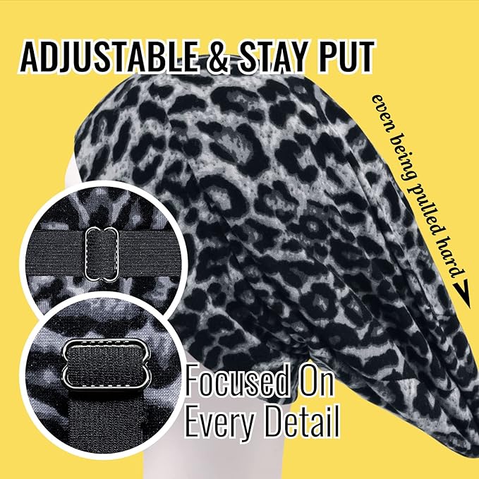Satin Bonnet for Curly Hair and Braids, Night Cap with Adjustable Strap for Women and Men, Black and Black Leopard, Pack of 2