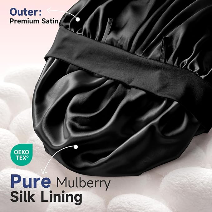 Umisleep Silk Bonnet, Soft Hair Bonnet for Sleeping, Real Mulberry Silk Lining, Bonnets for Women Hair Care, Double Layer Hair Cap with Tie, Large Silk Hair Wrap for Curly Long Hair, Black