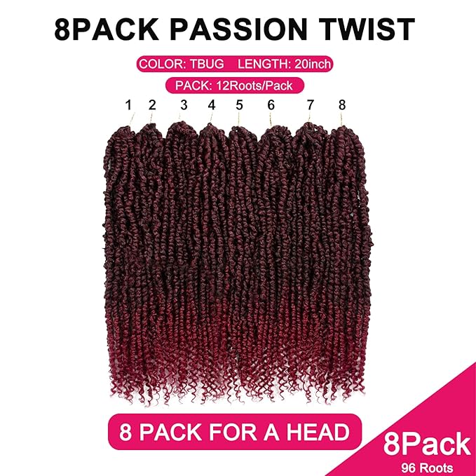 Passion Twist Hair - 8 Packs 20 Inch Passion Twist Crochet Hair For Women, Crochet Pretwisted Curly Hair Passion Twists Synthetic Braiding Hair Extensions (20 Inch 8 Packs, TBUG)