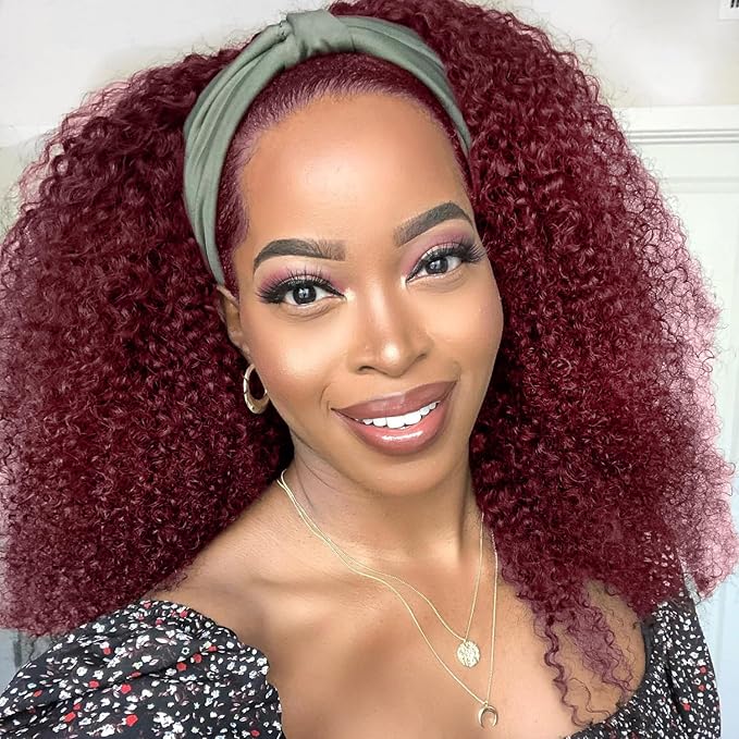 XSY Headband Wig Human Hair Kinky Curly 99J Burgundy Headband Wigs for Black Women Deep Curly Human Hair Wigs None Lace Front Wig 150% Density 18 Inch